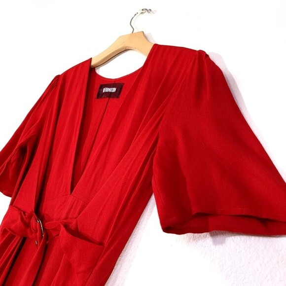 REFORMATION Melanie Belted Wrap Short Sleeve Plunging Midi Dress Cherry Red 2 - Picture 4 of 11